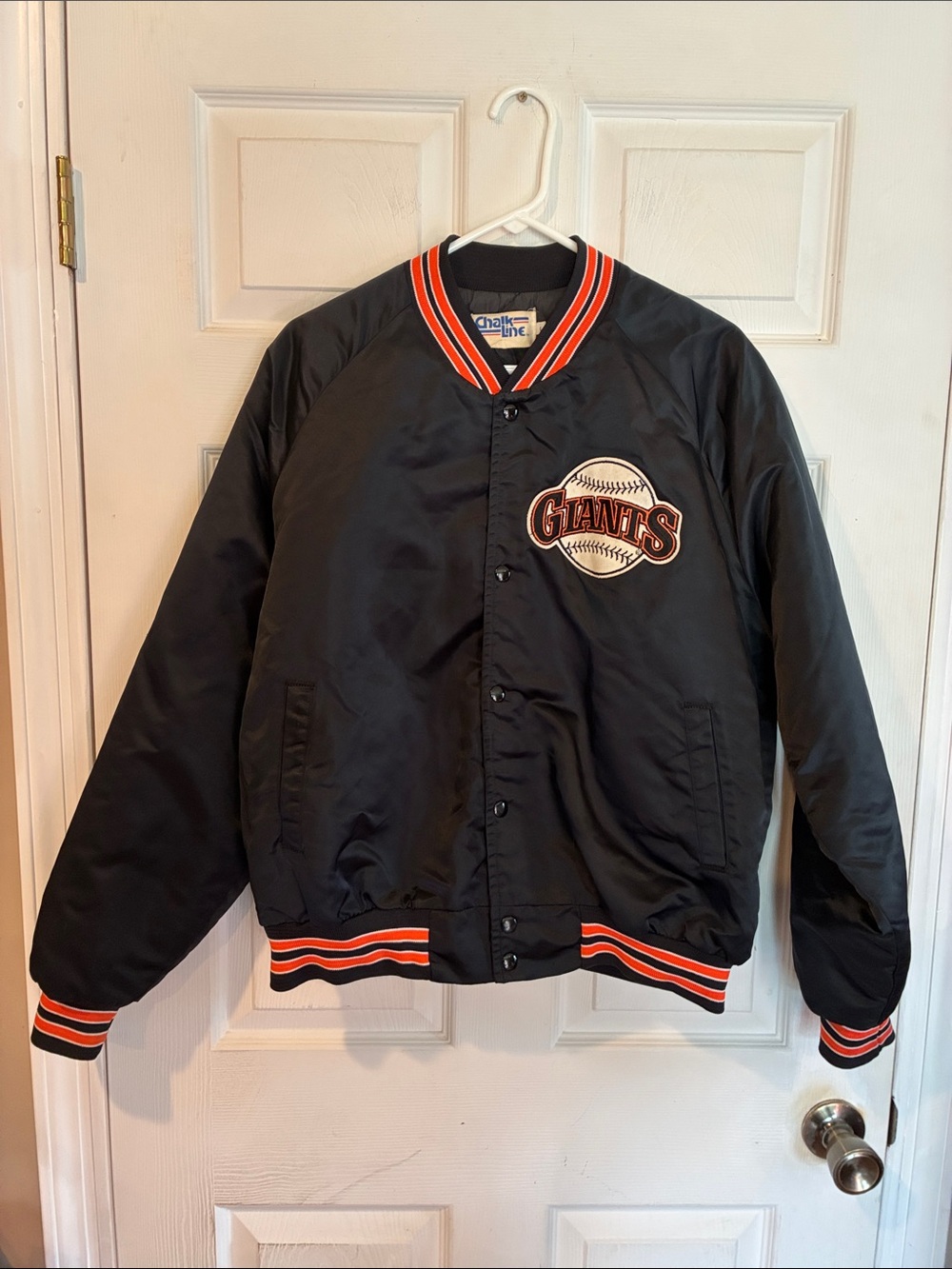 Vintage 80’s San Francisco Giants Chalkline Black Satin Bomber Jacket Mens Sz L